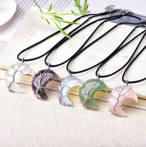 Tree of Life Crescent Moon Semi-Precious Gemstone Necklace