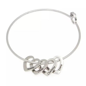 Mother's Day Gift Family Bangle Bracelet with Heart Shape Pendants