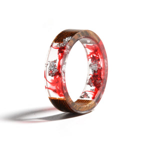 Red & Silver Flower Wood Ring
