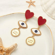Load image into Gallery viewer, Red Heart &amp; Evil Eye Drop Earrings
