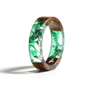 Green & Silver Wood Flower Ring