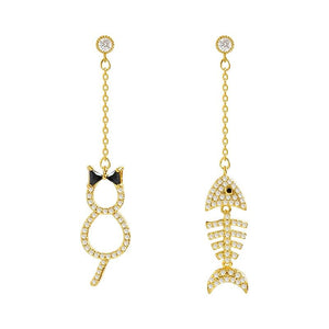 Crystal Cat & Fish Bone Earrings