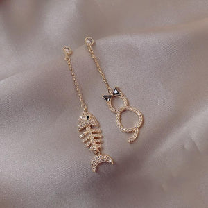 Crystal Cat & Fish Bone Earrings