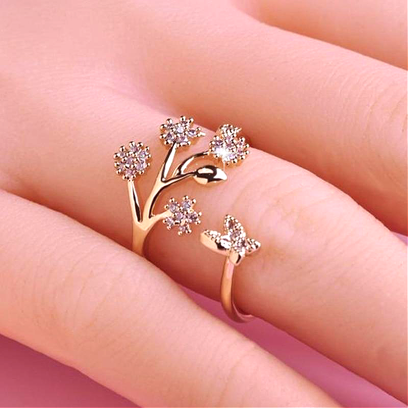 Crystal Butterfly & Leaf Ring
