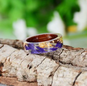 Violet & Gold Wood Flower Ring