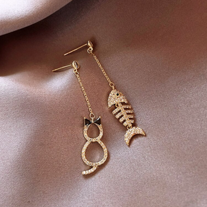 Crystal Cat & Fish Bone Earrings