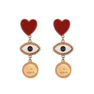 Red Heart & Evil Eye Drop Earrings