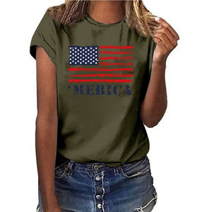 New Women T-shirts Casual USA Flag Printed Tops Tee