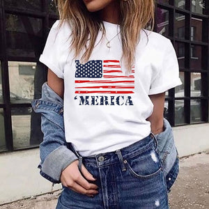 New Women T-shirts Casual USA Flag Printed Tops Tee