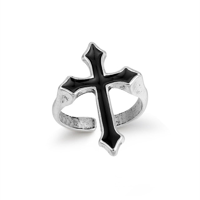 Vintage Black Big Cross Open Finger Ring Gothic Metal Color