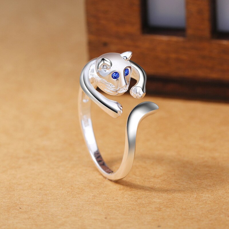 100% 925 Sterling Silver Cute Little Cat Animal Ladies Finger Rings