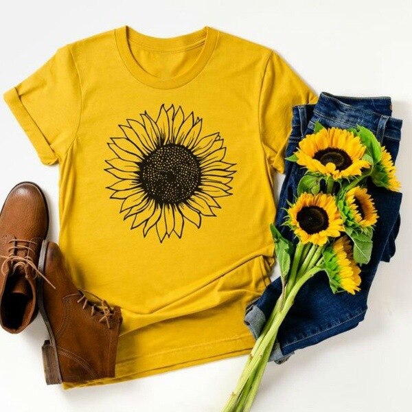 Golden Sunflower Print Women T Shirt