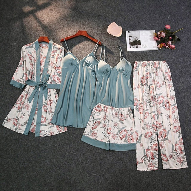 2021 Print  Mulberry  Silk 5 Piece Pajama Set