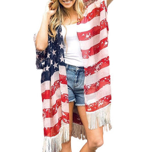 2020 Women American Flag Print Shirt Kimono Sheer Chiffon Loose Long T-shirt Three Quarter Shawl Daily Cardigan