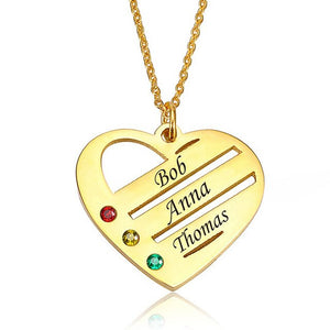 Birthstone Heart Necklace with Engraved Names - Gold Plated