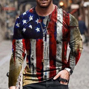 2021 Men's Long Sleeve T-shirts Summer New Fashion American Flag Print Top O-neck Pullovers Vintage Tshirts For Men Clothing
