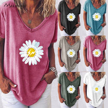 Load image into Gallery viewer, T Shirts Women Summer  Daisies Print Short Sleeve V-neck Loose casual Shirts
