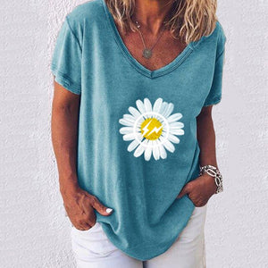 T Shirts Women Summer  Daisies Print Short Sleeve V-neck Loose casual Shirts