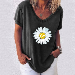 T Shirts Women Summer  Daisies Print Short Sleeve V-neck Loose casual Shirts