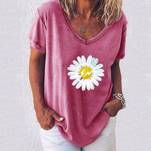 T Shirts Women Summer  Daisies Print Short Sleeve V-neck Loose casual Shirts