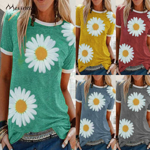 Women Summer Daisy Print Short Sleeve O-neck 5XL Femme T-Shirt