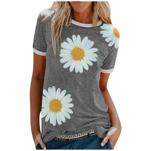 Women Summer Daisy Print Short Sleeve O-neck 5XL Femme T-Shirt