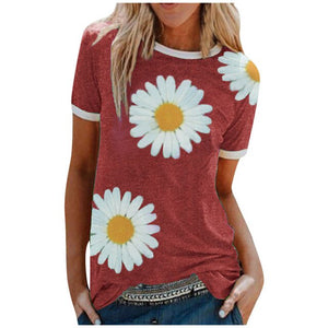 Women Summer Daisy Print Short Sleeve O-neck 5XL Femme T-Shirt